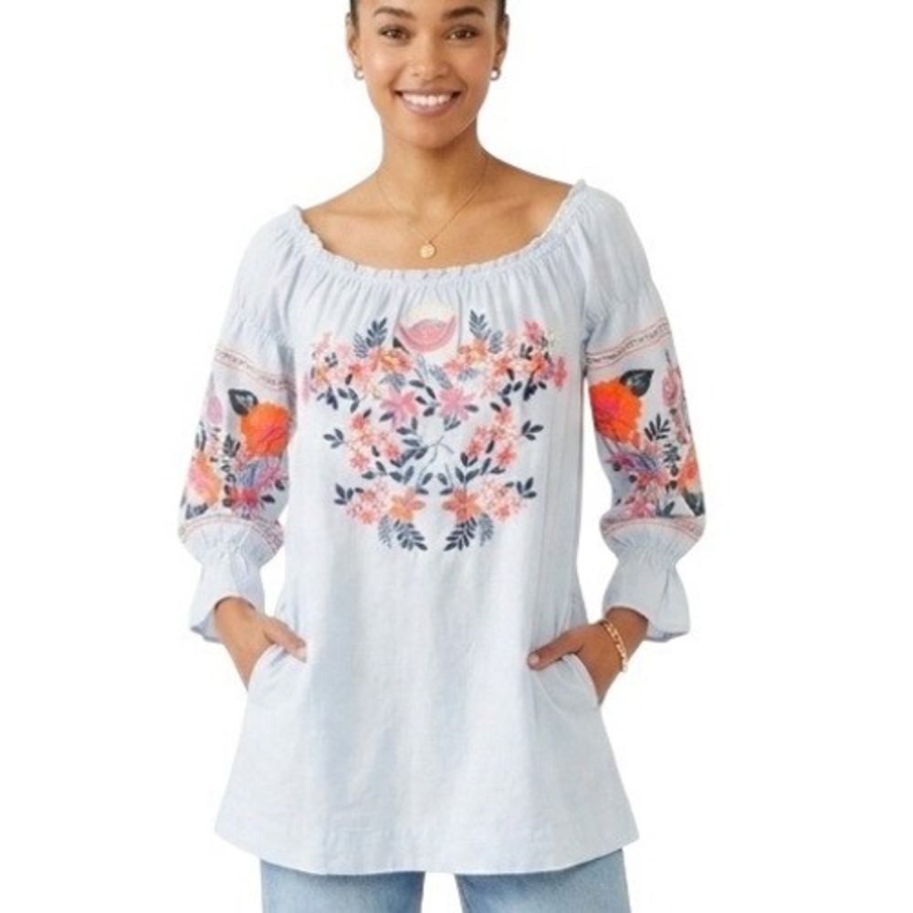 Free People Embroidered Tunic Womens M Blue Boho Chic Folk Detailing Romantic